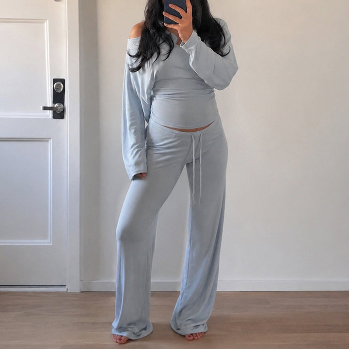 Women's Lounge Set with Off-Shoulder Stretch Top and Wide Drawstring Pants Mune Fashion