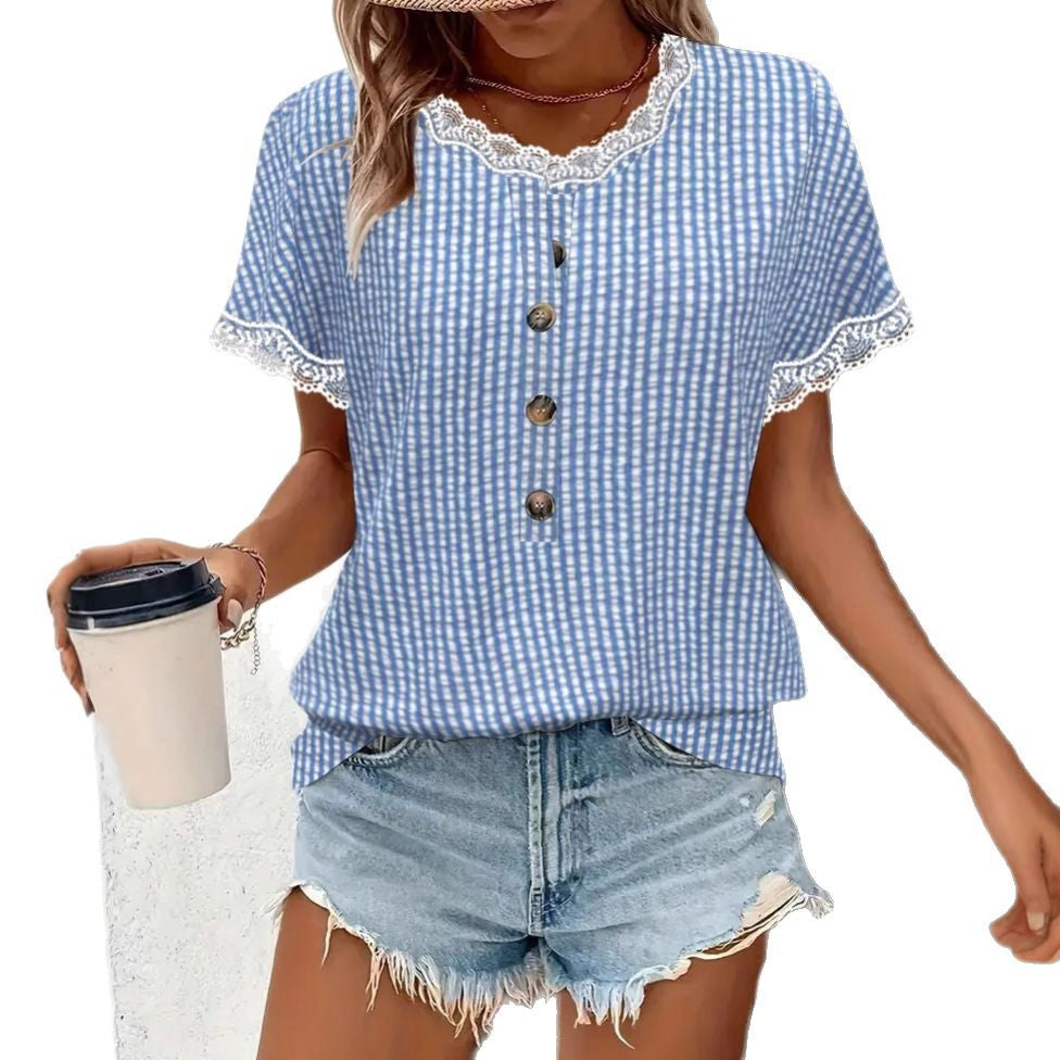 Women's short-sleeved Vichy check blouse with lace trim and decorative button placket Mune Fashion