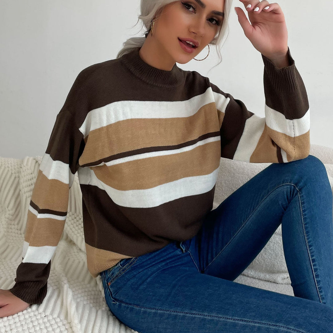 Women's Striped Fine Knit Sweater with Stand-Up Collar Mune Fashion