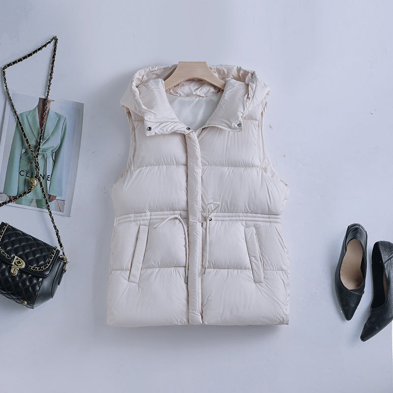 Ladies padded hooded vest with adjustable waist drawstring and windproof thermal lining Mune Fashion