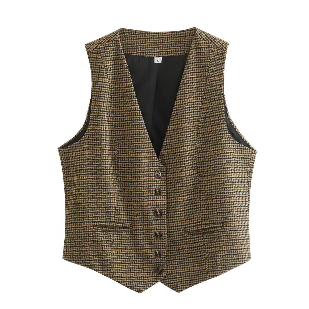 Women's tailored houndstooth vest with V-neck and classic button placket Mune Fashion