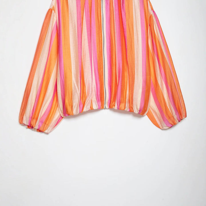 Women Striped Lightweight Bomber Jacket with Balloon Sleeves and Zipper Mune Fashion