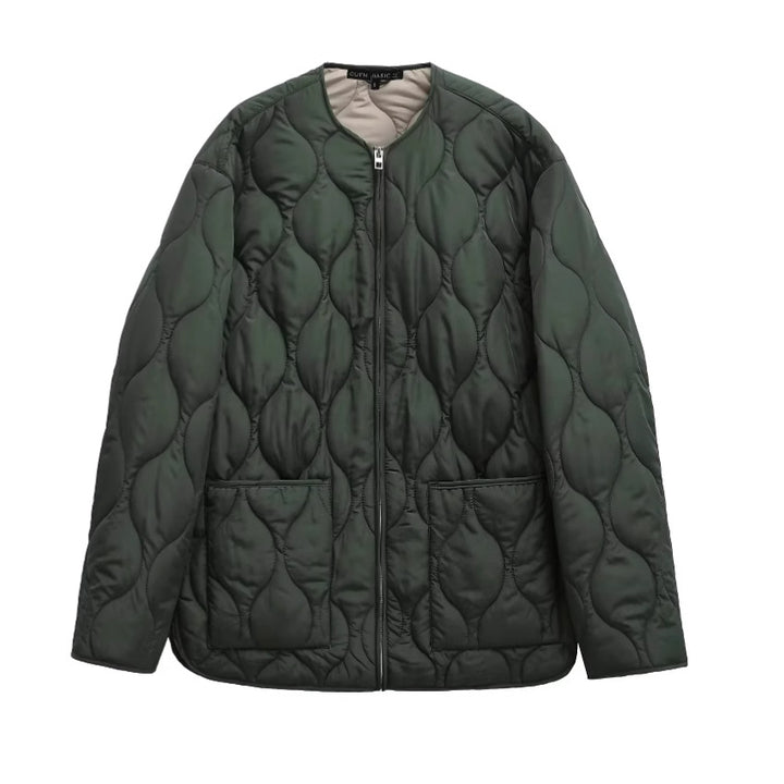 Women's non-quilted oversized quilted jacket with round neck, full-length zipper, and patch pockets Mune Fashion