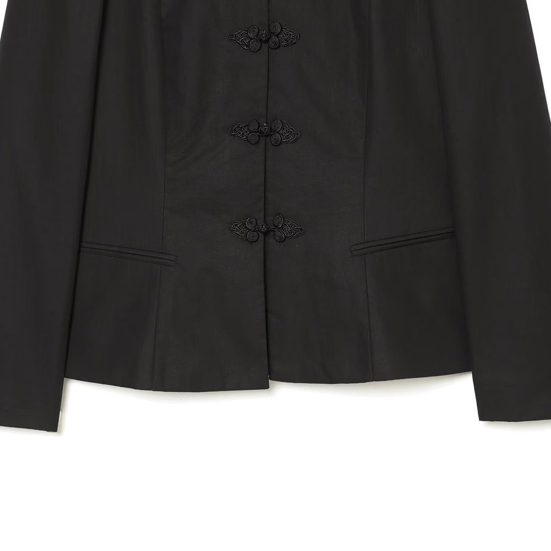 Women Tailored Short Blazer with Stand-Up Collar and Decorative Knot Closures Mune Fashion