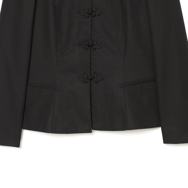 Women Tailored Short Blazer with Stand-Up Collar and Decorative Knot Closures Mune Fashion