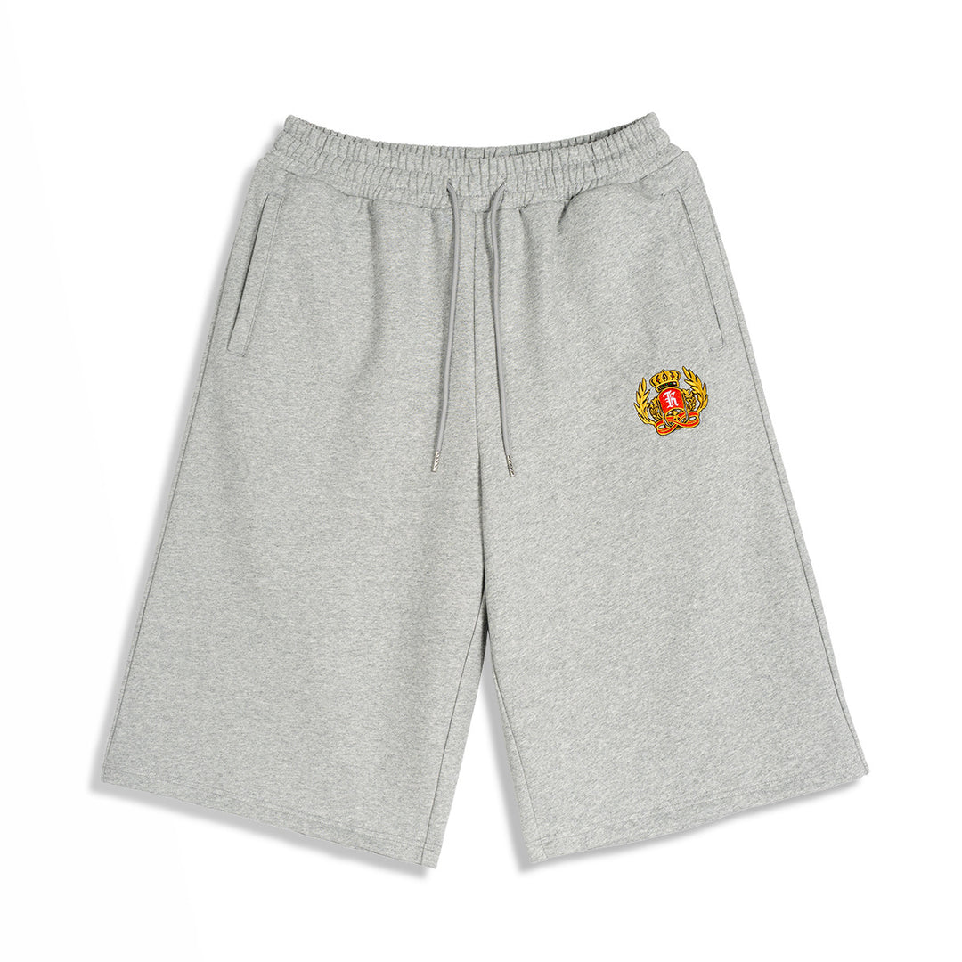 Men's Knee-Length French Terry Sweat Shorts with Drawstring and Embroidered Crest Mune Fashion