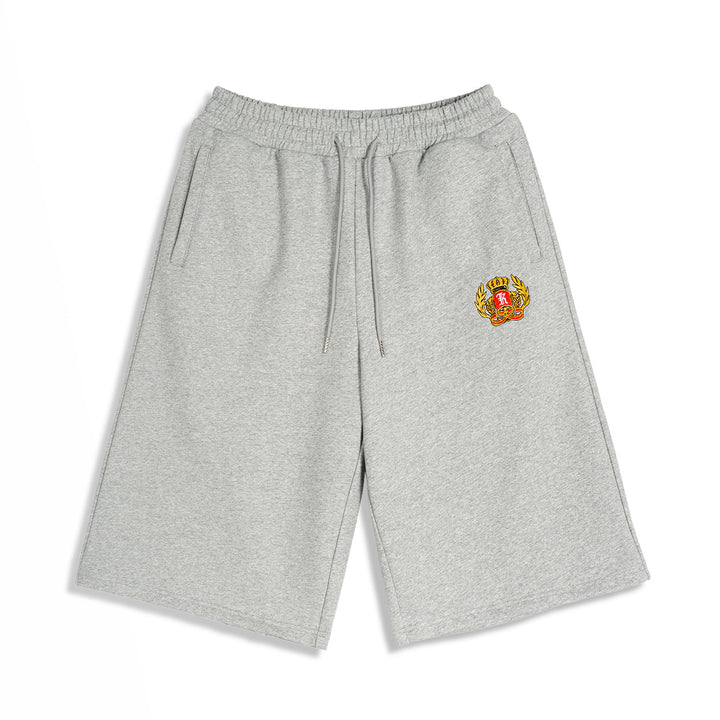 Men's Knee-Length French Terry Sweat Shorts with Drawstring and Embroidered Crest Mune Fashion