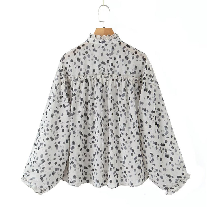Women Transparent Chiffon Blouse with Polka Dot Print, Stand Collar and Voluminous Ruffle Sleeves Mune Fashion