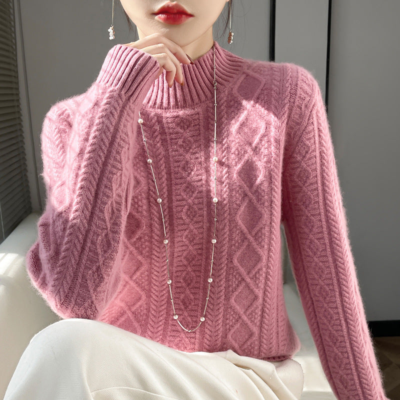 Women's cable-knit mock neck sweater with fine ajour detail and fluffy cashmere look Mune Fashion