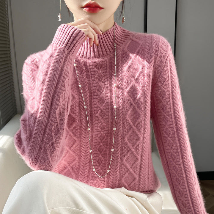 Women's cable-knit mock neck sweater with fine ajour detail and fluffy cashmere look Mune Fashion