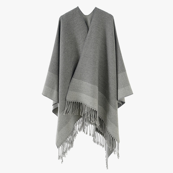 Women's Rectangular Wool Blend Poncho with Open Front, Fine Overlock Stitching and Fringed Hem Mune Fashion