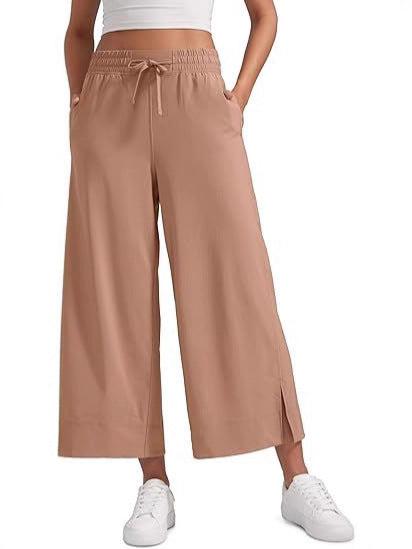 Women's wide culotte pants with elastic waistband, drawstring and side slits Mune Fashion
