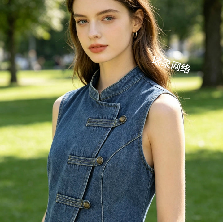Women Tailored Vest with Mandarin Collar and Asymmetrical Loop Hook Closure Mune Fashion