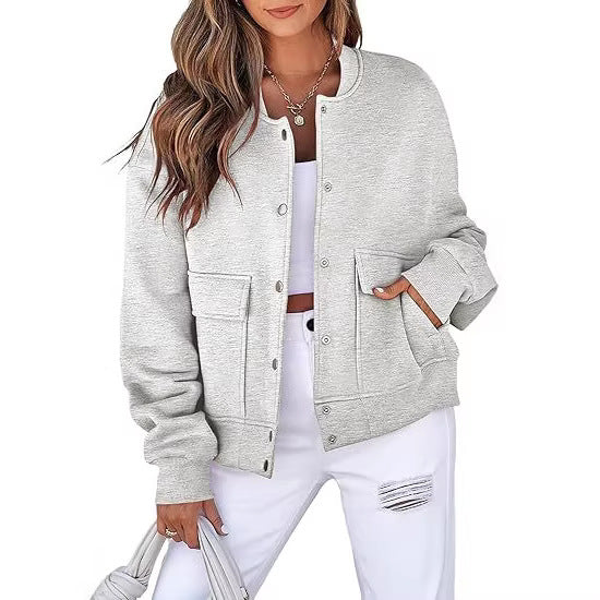 Women casual oversized bomber jacket made of sweat fabric with snap button placket and patch pockets
