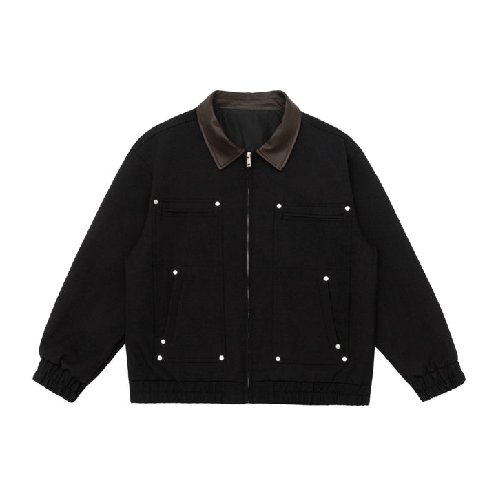 Unisex Boxy-Workwear-Blouson with leather-trimmed collar, utility pockets and elastic hem Mune Fashion