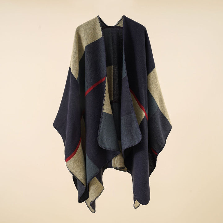 Women's Soft Wool Blend Poncho with Geometric Jacquard and Open Waterfall Cut Mune Fashion