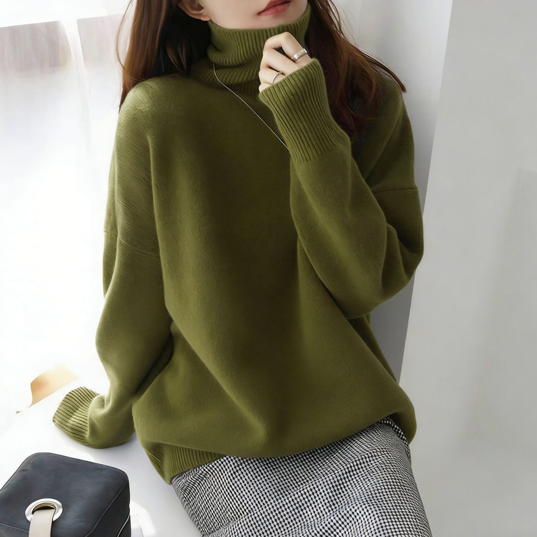 Women's Oversized Fine Knit Sweater with High Roll Neck and Side Slits Mune Fashion