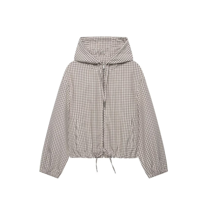 Women's Checkered Cropped Jacket with Hood, Drawstring and Zipper