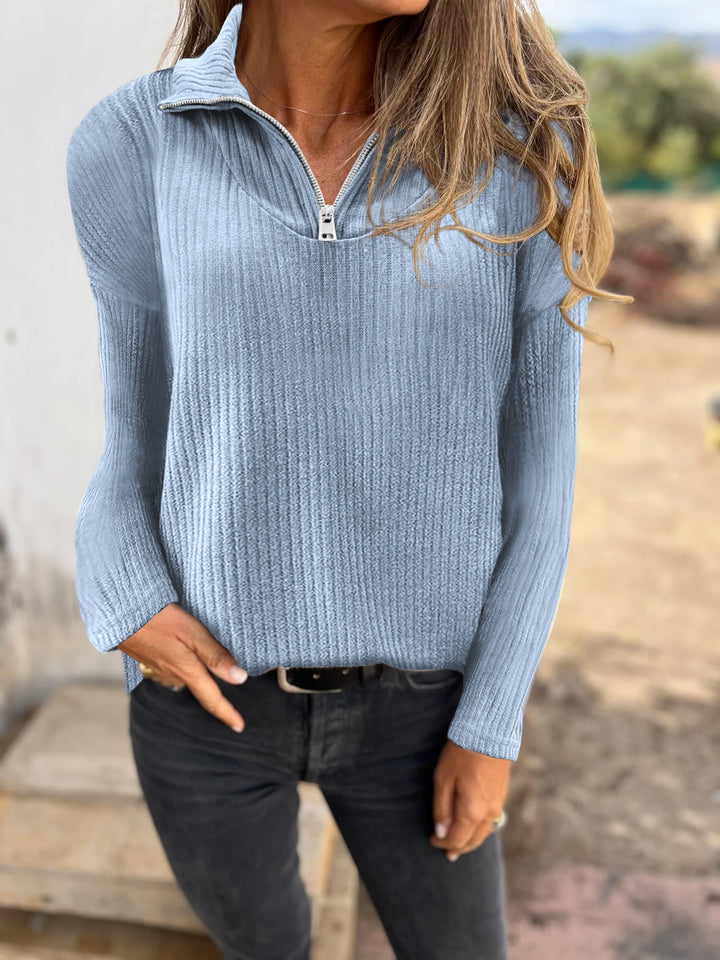 Women Ribbed Knit Sweater with Half Zip and Stand-Up Collar Mune Fashion