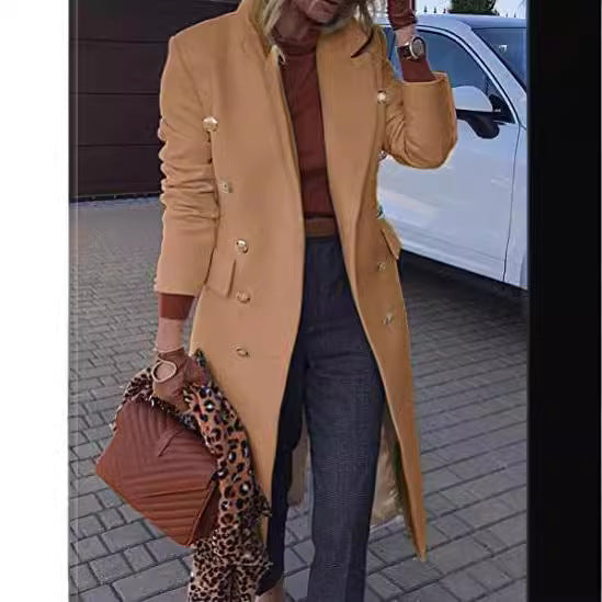Women tailored double-breasted wool blend coat with gold decorative buttons and knee-length silhouette Mune Fashion