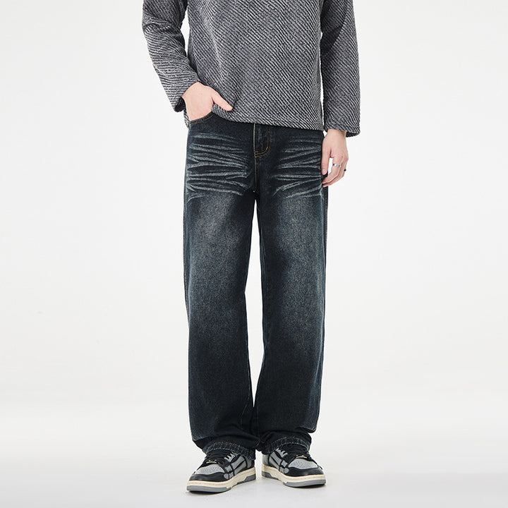 Men's Loose Vintage Denim Jeans with Wrinkle Effect and Low Rise Mune Fashion