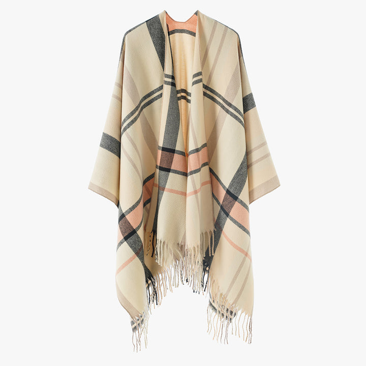 Women Oversize Poncho-Cape with Check Pattern and Fringes Mune Fashion