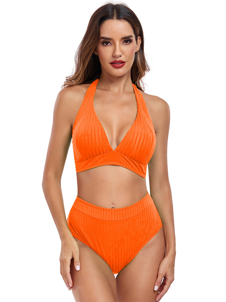 Women's High-Waisted Bikini with V-Neck and Ribbed Texture Mune Fashion