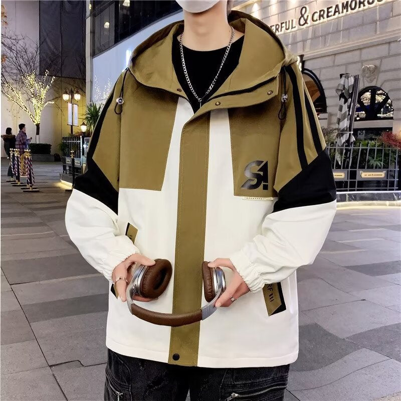 Men's Colourblock Utility Outdoor Jacket with Hood, Contrast Stripes and Concealed Zipper Mune Fashion