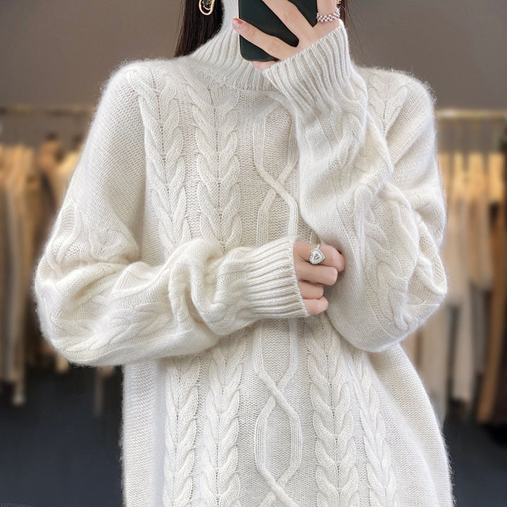 Women's Oversize Cable Knit Sweater with Mohair Look and Ribbed Cuffs Mune Fashion