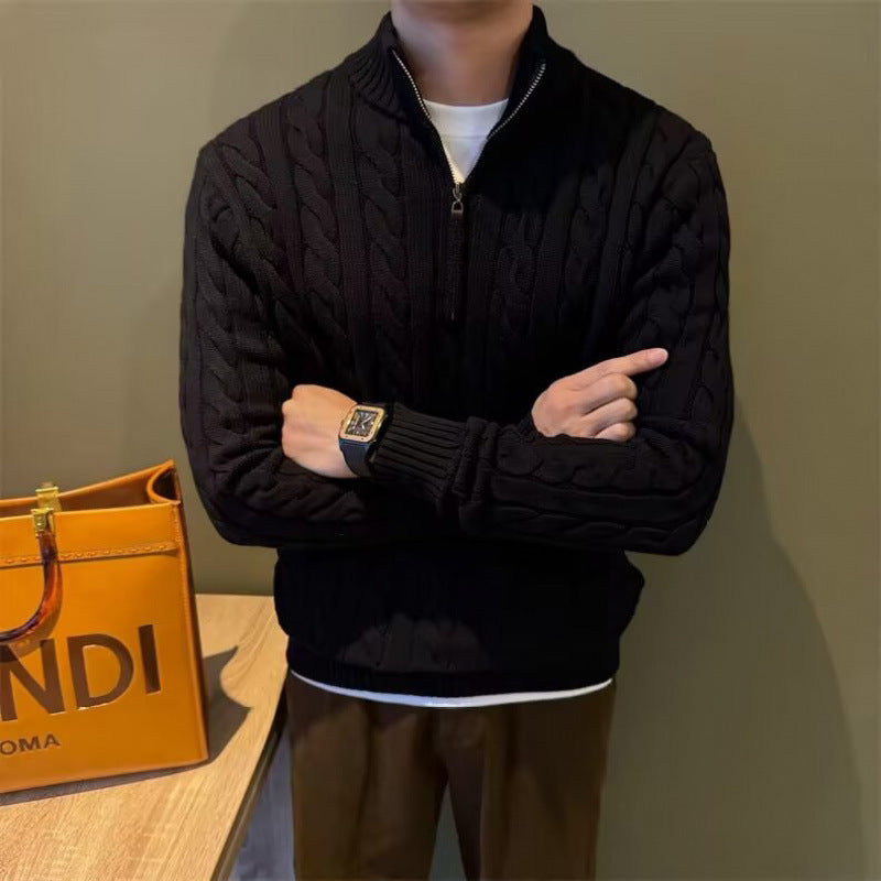 Men's Braided Knit Half-Zip Sweater with Stand-Up Collar Mune Fashion