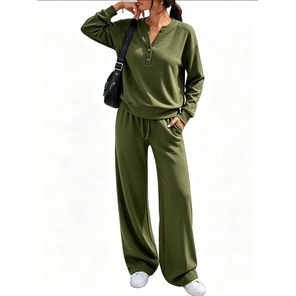 Ladies Lounge Set with Henley Collar and Palazzo Wide Jogging Pants Mune Fashion