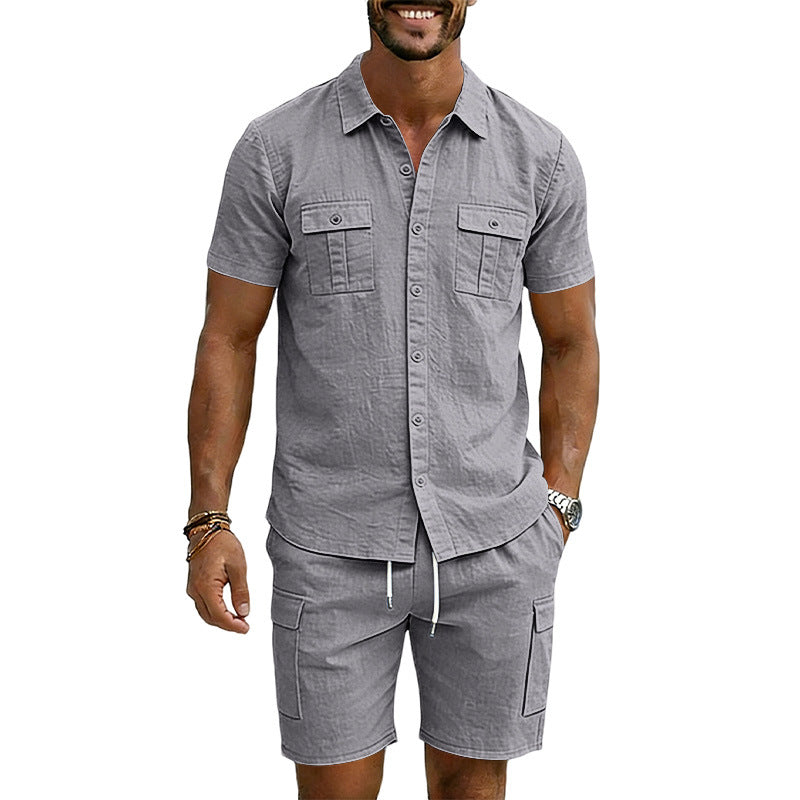Men's summer short-sleeve shirt and cargo bermuda set made of linen blend with chest pockets and drawstring waistband Mune Fashion