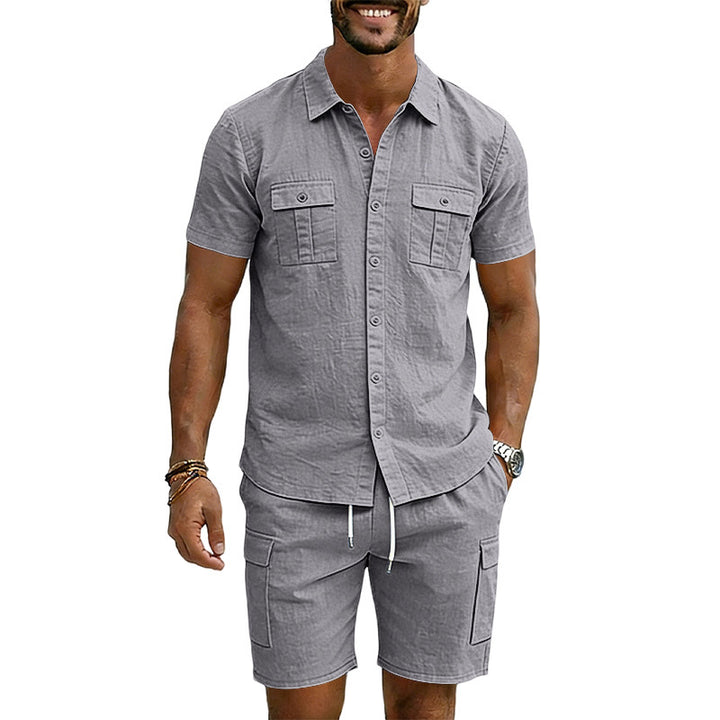 Men's summer short-sleeve shirt and cargo bermuda set made of linen blend with chest pockets and drawstring waistband Mune Fashion