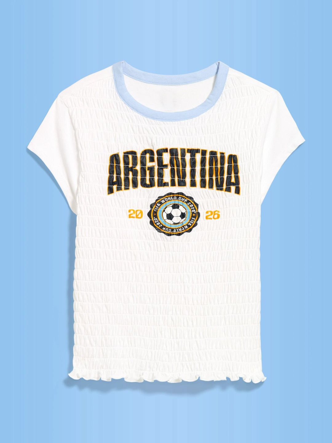 Women's ruffled cotton shirt with sporty Argentina print and ruffle trim Mune Fashion