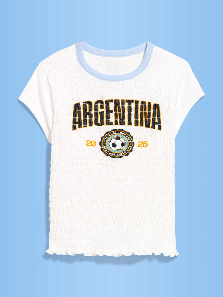 Women's ruffled cotton shirt with sporty Argentina print and ruffle trim Mune Fashion