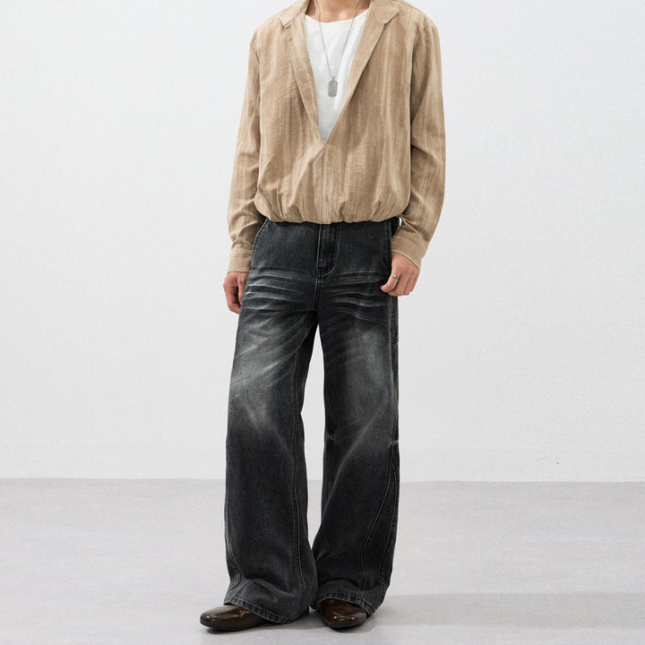 Men's Extra Wide Sculptural Denim Palazzo Pants with Knee Pleats and Seams Mune Fashion