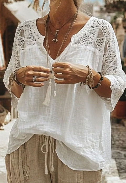 Women's fall loose tunic blouse in Boho style with crocheted shoulder and sleeve details Mune Fashion