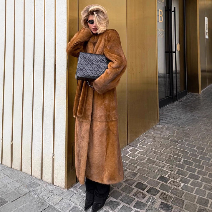 Women Luxurious Long Fur Coat with Shawl Collar and Flattering Oversize Cut Mune Fashion