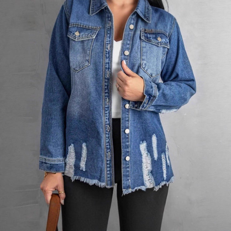 Women Casual Oversized Denim Jacket with Destroyed Details, Shirt Collar and Fringed Hem Mune Fashion