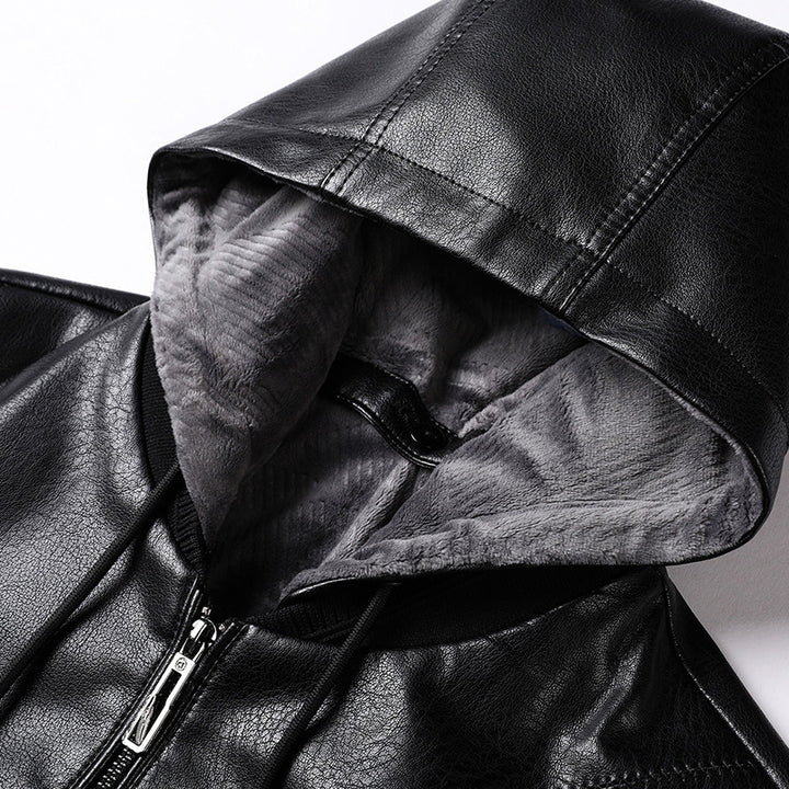 Men's faux leather hooded jacket with fine texture, zipper, and ribbed cuffs Mune Fashion