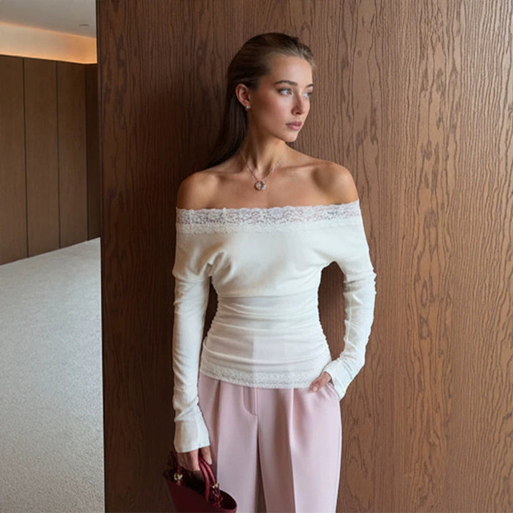 Women Slim-Fit Off-Shoulder Fine Knit Top with Lace Edge Mune Fashion