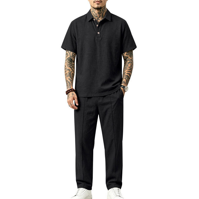 Men's Lightweight Linen Look Loungewear Set with Polo Collar and Pleats Mune Fashion