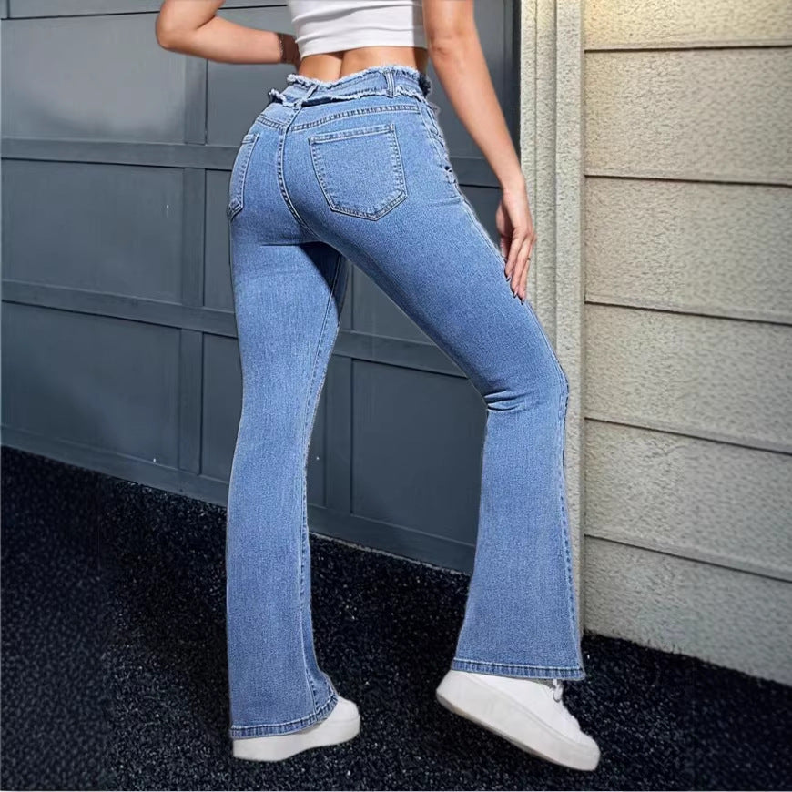 Women's High-Waisted Flared Jeans with Frayed Waistband and Center Stitch Mune Fashion