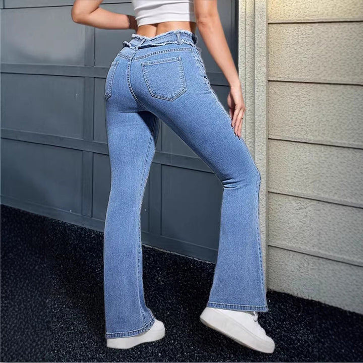 Women's High-Waisted Flared Jeans with Frayed Waistband and Center Stitch Mune Fashion