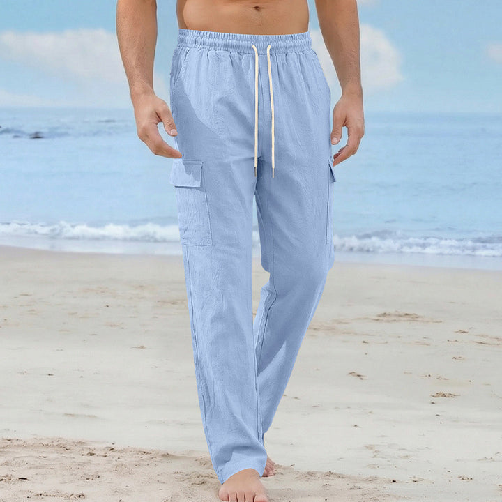 Men's cargo beach pants made of linen blend with elastic waistband and drawstring Mune Fashion