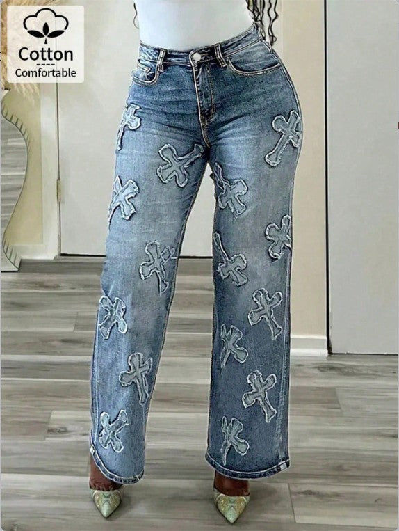 Women's high-waisted straight-cut jeans with cross appliqués made of cotton denim Mune Fashion