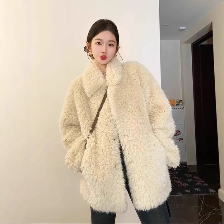 Women Oversize Teddy Fur Coat with Shawl Collar and Concealed Button Placket Mune Fashion