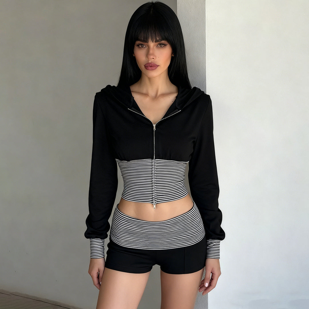 Women's short-cut lounge set with hooded cropped zip and striped high-waist shorts Mune Fashion