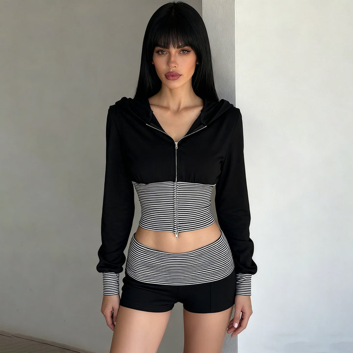 Women's short-cut lounge set with hooded cropped zip and striped high-waist shorts Mune Fashion
