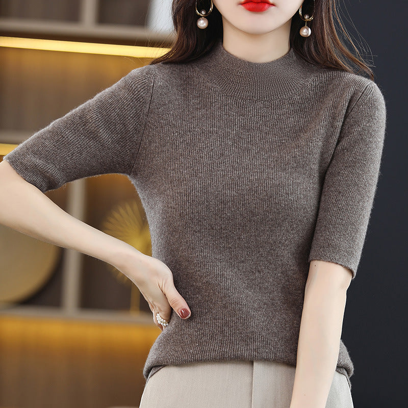 Women's Short Sleeve Fine Knit Sweater with Stand-Up Collar and Tailored Fit Mune Fashion